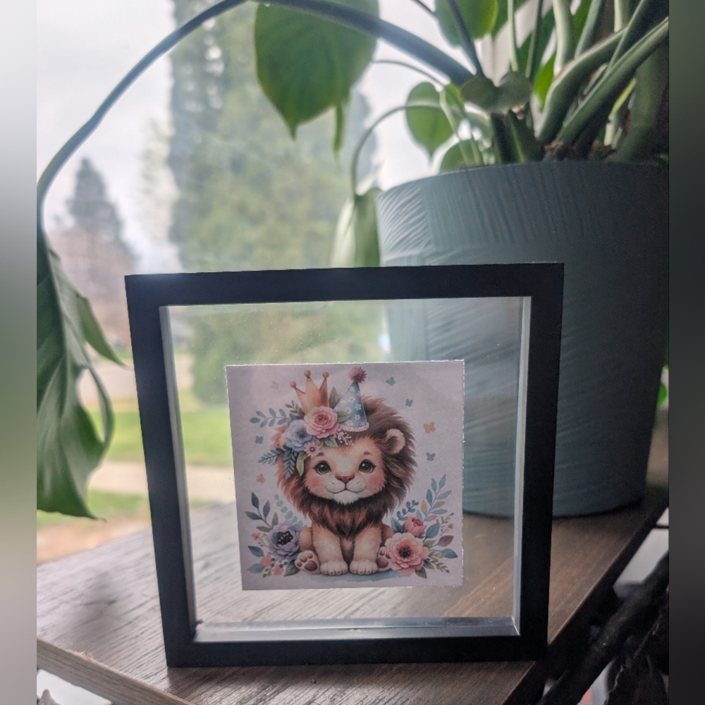 Nursery Art - Cute Baby Lion Floral Print in Black Floating Frame